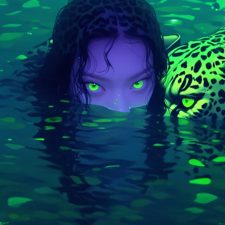 AR71B,green eyes, 1girl,solo, look at viewer, submerge, surround by many leopard, underwater, fluorescent, green sclera, eye focus,best quality, master piece, highres, aesthetic
