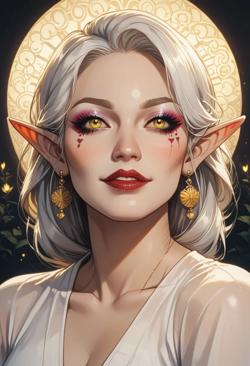 score_9, score_8_up, score_7_up, BREAK, 1woman portrait, beautiful, dramatic lights ((Elf, Sorcerres, white skin, white hair, yellow eyes, (asian:1;3), (asian woman;1;3), oiran, mature, mature woman, friendly smile, royal, regal, noble, eyeshadow, mascara))