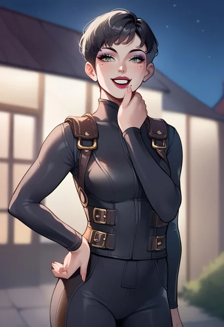 score_9, score_8_up, score_7_up, source_anime, ((1girl)), yurikosmtiv, black hair, short hair, lipstick, mole under eye, makeup, green eyes, black bodysuit, night, medieaval town, natural lighting, hand on hip, hand on chin, looking up, ephoric smile, joyful face, blissfull, full body shot, standing, easynegative