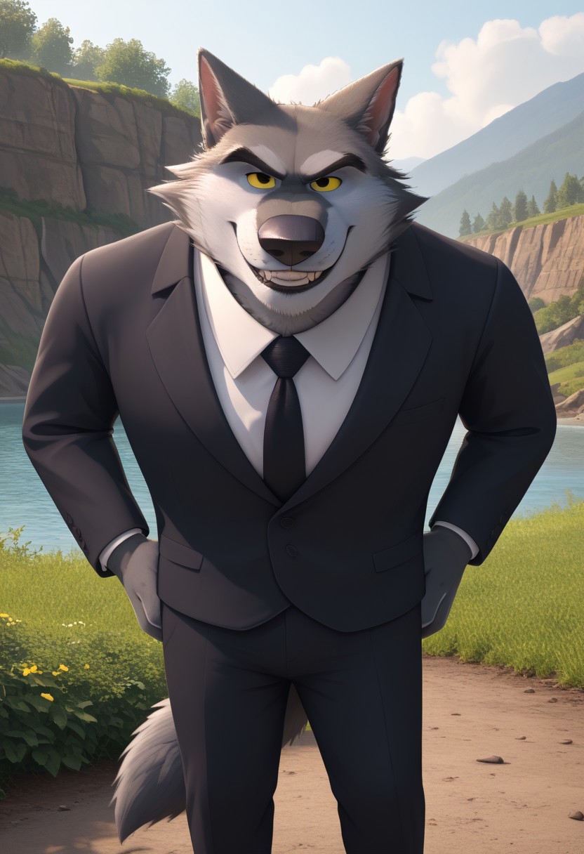score_9, score_8_up, score_7_up, cartoon_style, ((by BodiPhant0m)), byBodiRDz, 4k, 8k, The best quality, very well drawn, detailed, high quality, detailed, 4k, high resolution, high quality, high resolution, outdoors, furry character, canine, 2d, solo, against the backdrop of the river, 
rockdog, linnux,
style rock dog, movie style, style[rockdog], rockdog, male, gray wolf, wolf boy, wolf, linnux,
(short) and fat, they wear dark suits with black ties, dark gray fur, a light gray muzzle and yellow eyes
(sexy), naked, exposed, easynegative, Split Lighting style, partially covered in shadow,
hands on hips, evil smile, (angry), (smile), (laughter),