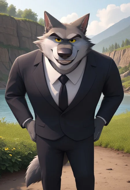 score_9, score_8_up, score_7_up, cartoon_style, ((by BodiPhant0m)), byBodiRDz, 4k, 8k, The best quality, very well drawn, detailed, high quality, detailed, 4k, high resolution, high quality, high resolution, outdoors, furry character, canine, 2d, solo, against the backdrop of the river, 
rockdog, linnux,
style rock dog, movie style, style[rockdog], rockdog, male, gray wolf, wolf boy, wolf, linnux,
(short) and fat, they wear dark suits with black ties, dark gray fur, a light gray muzzle and yellow eyes
(sexy), naked, exposed, easynegative, Split Lighting style, partially covered in shadow,
hands on hips, evil smile, (angry), (smile), (laughter),