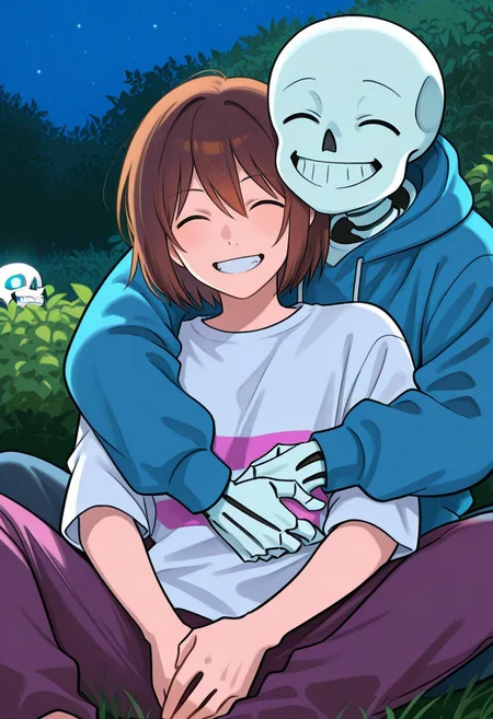 score_9, score_8_up, score_7_up, score_6_up, aoj_sr, 2d, source_cartoon,
night,garden,closer look, close view, duo,
(1male,s4ns,skeleton,one blue glowing eyes,skull,skeleton arms,skeleton body,oversized,white t-shirt,laugh,grin),
holding, hugs from behind, sit on floor,
(1woman,frisk,woman,closed eyes,brown hair,blue hoodies,big breasts,short hair,simle),