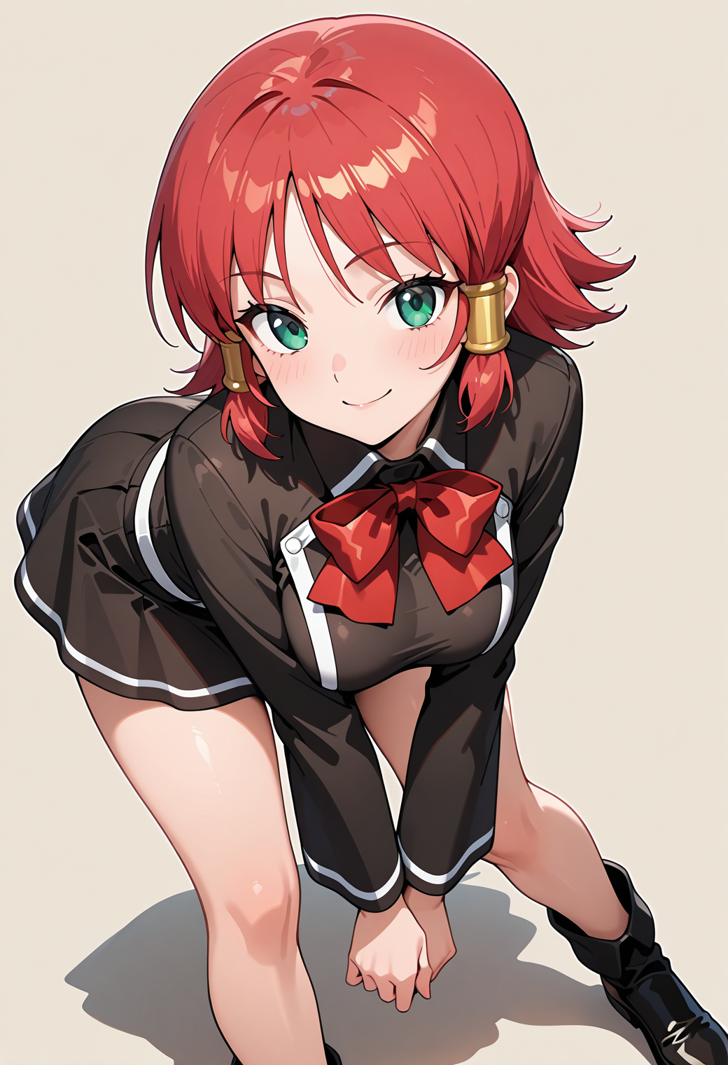 masterpiece, best quality, very aesthetic, absurdres, 1girl, solo,
<lora:qma_ruquia_v01:0.8>, qma_ruquia, red hair, short hair, green eyes, breasts,
hair tubes, school uniform, red bow, bowtie, skirt, black footwear, smile, posing, leaning forward