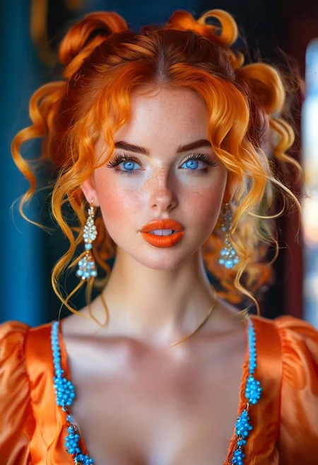 1girl, bellissima, blue eyes, blurry, cleavage, curly hair, earrings, eyelashes, freckles, hair bun, lips, lipstick, long hair, looking at viewer, messy hair, multicolored hair, necklace, nose, orange hair, portrait, puffy sleeves, realistic, solo, teeth, upper body, wavy hair, wind