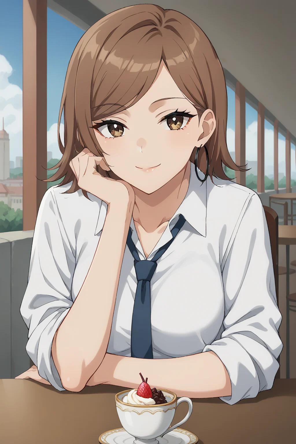 score_9, score_8_up, score_7_up, source_anime, 1girl, prefect lighting, very aesthetic, intricate details, highly detailed background, masterpiece, high quality, prefect hands, best quality, solo,
<lora:Daia_Dress_up_Darling_V1:.85>, KJODaia, brown hair, light brown eyes, short hair, swept bangs, hoop earrings,
collared shirt, sleeves rolled up, loose necktie, blue pleated skirt,
<lora:PONYXL_CONCEPT_PovDating_ownwaifu:1>, CONCEPT_PovDating_ownwaifu, 1girl, cup, smile, window, looking at viewer, indoors, pov across table, cafe, spoon, sitting, teacup, parfait, food, ice cream, upper body, chair, saucer, pov dating, head tilt, head rest,
patio, outside, restaurant, wood table, railing, stone street, buildings, sunny day, cloudy sky,
(Beautiful, medium Breasts:1.2), natural breasts,
