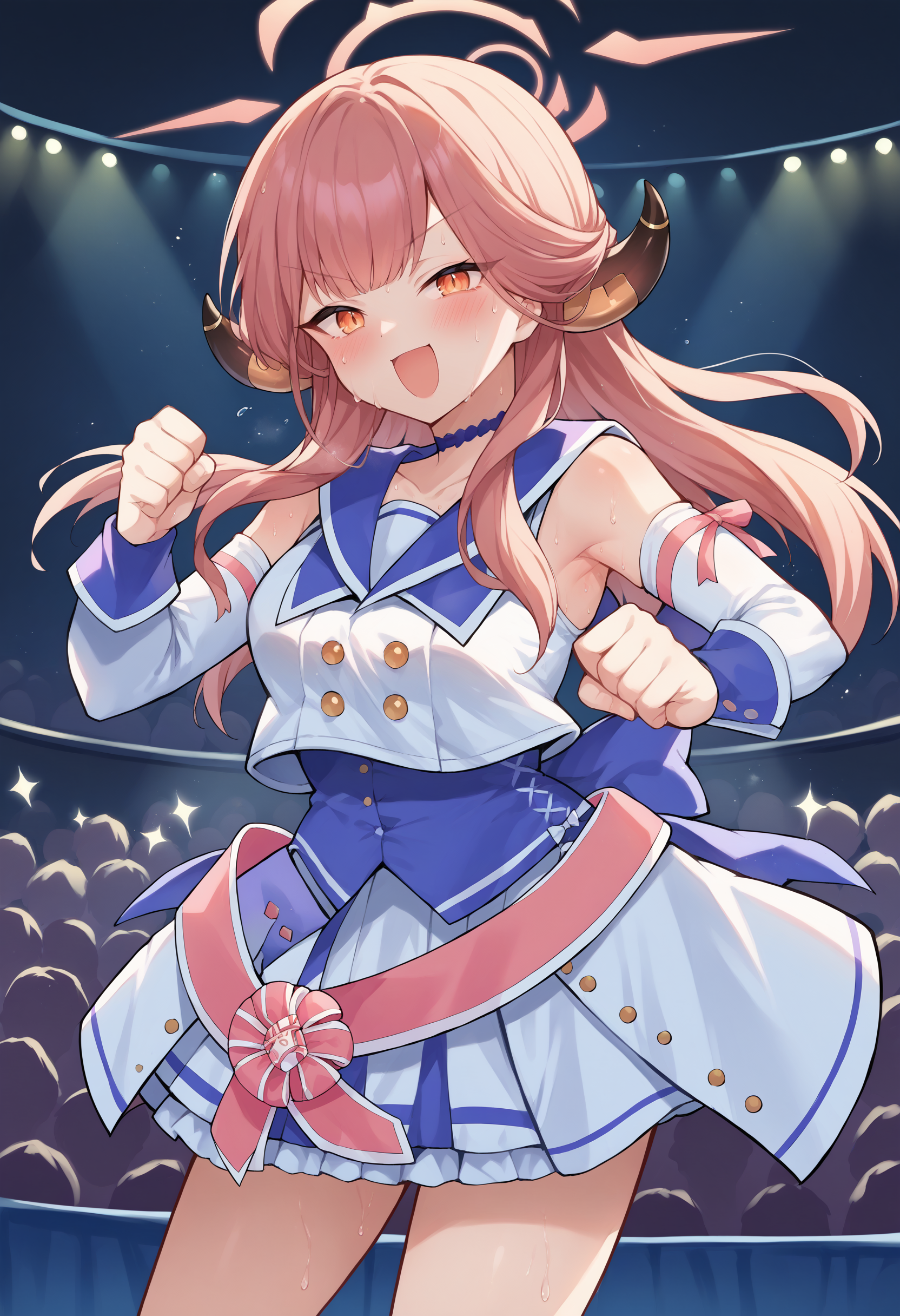 score_9, score_8_up, source_anime, 1girl, solo, AruIdol, long hair, horns, halo, blue choker, bow choker, idol clothes, white shirt, blue sailor collar, detached sleeves, blue corset, white skirt, pink belt, on stage, blush, smile, open mouth, sweat, action pose, audience, stage lights, <lora:ChamRikuhachimaAruPonyXL:1>