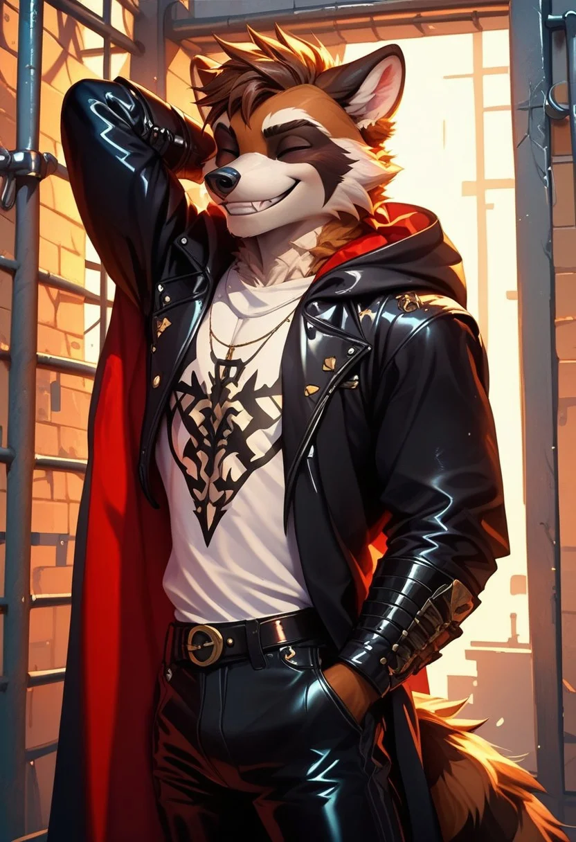 score_9, score_8_up, score_7_up,score_9, score_8_up, score_7_up, ((cowboy shot)), jail, standing, BREAK, ((High fantasy art style)), solo, male, anthro raccoon, black hooded cloak, (black leather breastplate), black leather greaves, black leather pauldrons, black leather boots, brown hair, ((Masterpiece), (absurdres), (shadowy), (mysterious)(eyes looking away), (fake smile), (nervous), show teeth, (squinting eyes), head to side, (eyes closed), one hand behind head