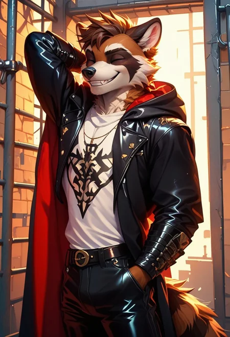 score_9, score_8_up, score_7_up,score_9, score_8_up, score_7_up, ((cowboy shot)), jail, standing, BREAK, ((High fantasy art style)), solo, male, anthro raccoon, black hooded cloak, (black leather breastplate), black leather greaves, black leather pauldrons, black leather boots, brown hair, ((Masterpiece), (absurdres), (shadowy), (mysterious)(eyes looking away), (fake smile), (nervous), show teeth, (squinting eyes), head to side, (eyes closed), one hand behind head