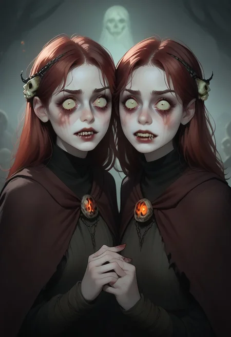 1girl, red hair, mutant, two heads, conjouned