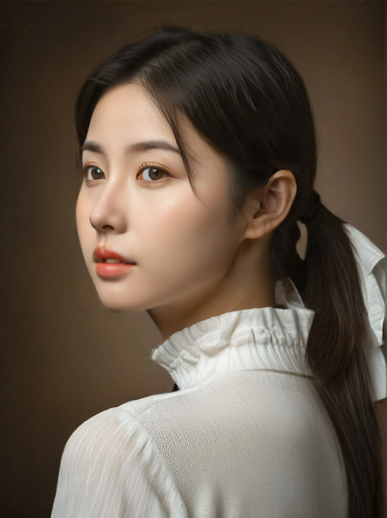 <lora:èå-000005:0.8>,raw photo,realistic,1girl,solo,looking at viewer,black eyes,zero,zero,solo,realistic,1girl,black hair,lips,long hair,sweater,looking up,side view,ponytail,nose,closed mouth,upper body,brown background,black eyes,