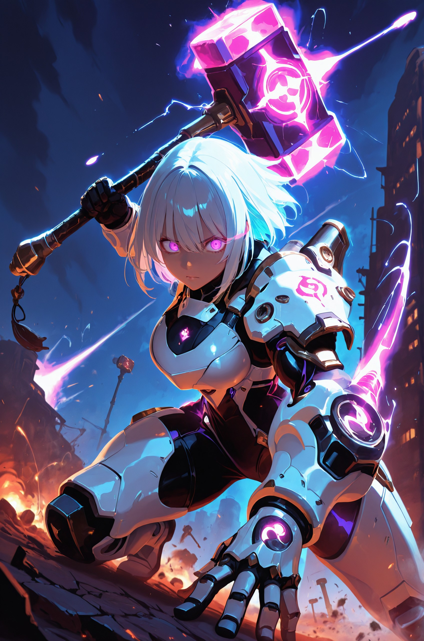 IllusP0s,detailed eyes,perfect eyes,realistic eyes,
1girl,solo,anger,glowing_eye,white armor,hammer,long handle hammer,purple glowing hammer,electric spark,grab the hammer handle with both hands,attack with hammer,night,battlefield,(explosion:0.6),meteor,dynamic_angle,dynamic posture,fighting_stance,impactful action and perspective,
,hammer,,Heavy Mech,Power Suit,incoming vertical hammer attack,,,
<lora:Titan's Wrath - By HailoKnight HammerIL (-hammer 0.85-1):0.8>,<lora:Randommaxx MechArmor XL (-Heavy Mech,Cyborg,Robot,Power Armor,Tactical,Advanced Gear,Power Suit,Exoskeleton,Futuristic 0.6-1).safetensors.weilin-info:1.2>,<lora:quality_modifiers_masterpieces_v1 illustrious (-masterpiece, very aesthetic, absurdres):0.4>,<lora:TrendCraft_The_Peoples_Style_Detailer-v2.1A-3_12_2025-SDXL:0.5>