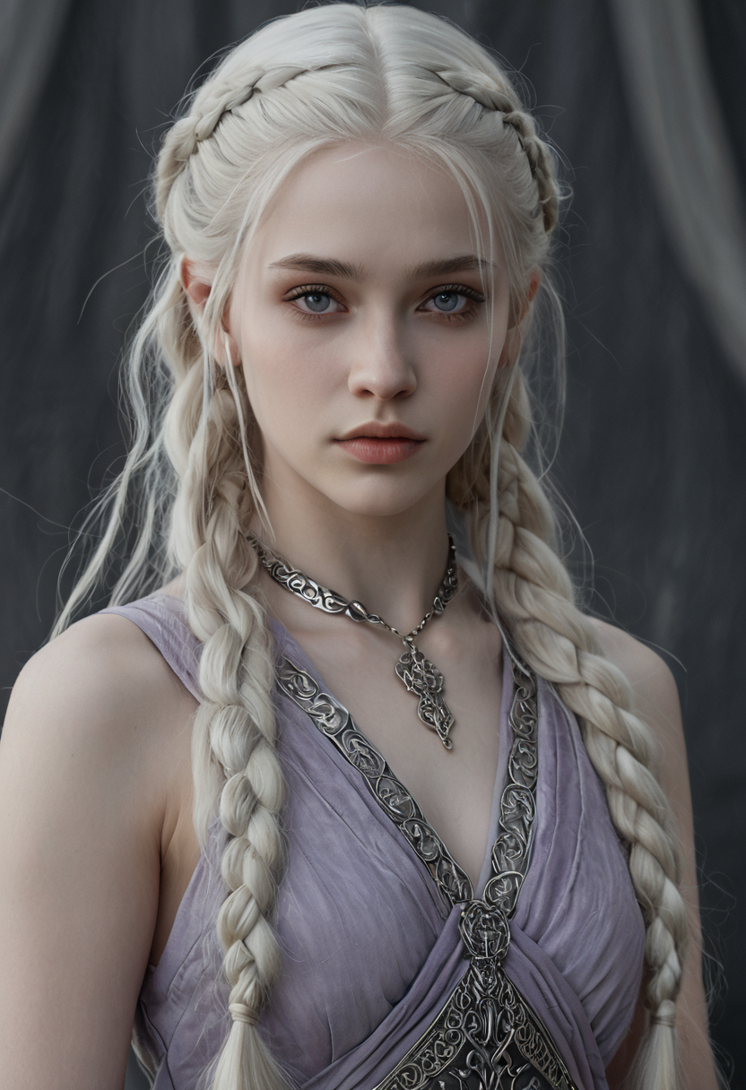 <lora:RokuFantasy:1>,R0k0F3nt3sy,1girl,solo,fantasy art,, (Hair, Long, silver-blonde hair (often described as pale as moonlight), a hallmark of her Targaryen lineage. In the books, her hair is worn in intricate braids, symbolizing victories and tradition:1), (Eyes, Large, violet eyes, often noted for their intensity and otherworldly quality, typical of the Valyrian race:1), (Skin, Pale, creamy complexion with a smooth, almost luminous quality that enhances her striking beauty:1), (Build, Slim and petite, yet strong and resilient, reflecting her gradual transformation from a timid girl into a determined leader:1),  short in stature,