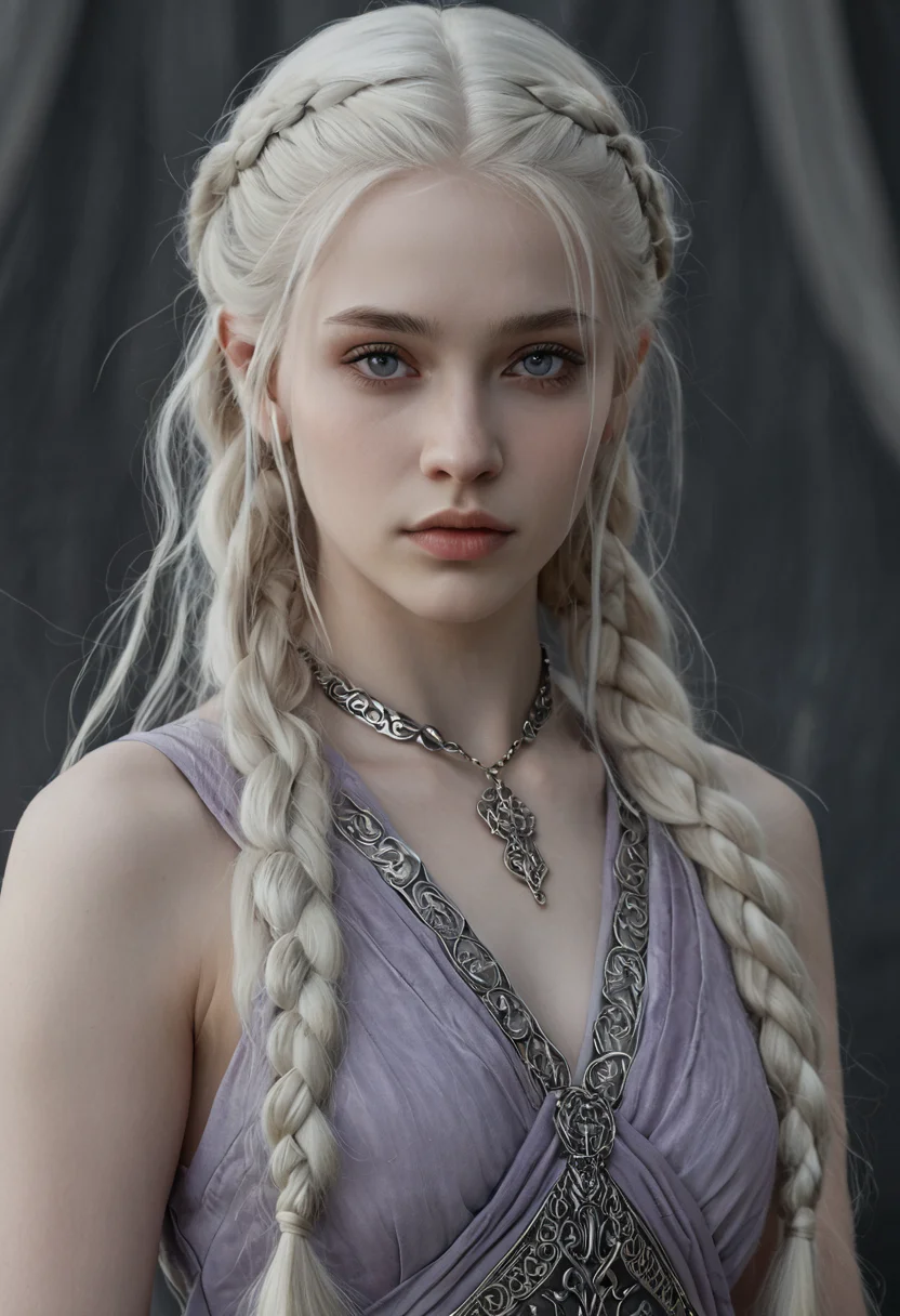 <lora:RokuFantasy:1>,R0k0F3nt3sy,1girl,solo,fantasy art,, (Hair, Long, silver-blonde hair (often described as pale as moonlight), a hallmark of her Targaryen lineage. In the books, her hair is worn in intricate braids, symbolizing victories and tradition:1), (Eyes, Large, violet eyes, often noted for their intensity and otherworldly quality, typical of the Valyrian race:1), (Skin, Pale, creamy complexion with a smooth, almost luminous quality that enhances her striking beauty:1), (Build, Slim and petite, yet strong and resilient, reflecting her gradual transformation from a timid girl into a determined leader:1),  short in stature,