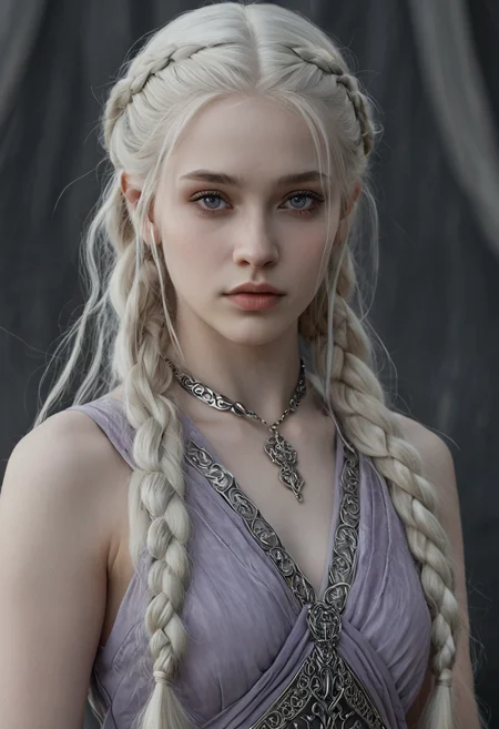<lora:RokuFantasy:1>,R0k0F3nt3sy,1girl,solo,fantasy art,, (Hair, Long, silver-blonde hair (often described as pale as moonlight), a hallmark of her Targaryen lineage. In the books, her hair is worn in intricate braids, symbolizing victories and tradition:1), (Eyes, Large, violet eyes, often noted for their intensity and otherworldly quality, typical of the Valyrian race:1), (Skin, Pale, creamy complexion with a smooth, almost luminous quality that enhances her striking beauty:1), (Build, Slim and petite, yet strong and resilient, reflecting her gradual transformation from a timid girl into a determined leader:1), short in stature,