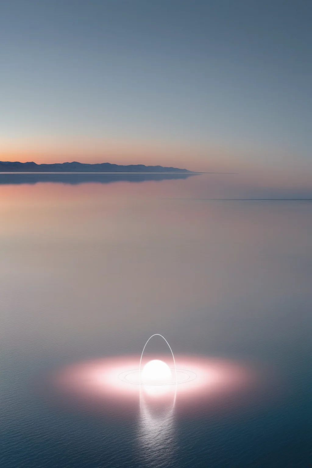 <lora:Photographer Reuben Wu Style:1>Photographer Reuben Wu Style - a light circular object is in the middle of a vast expanse of water with a sunset in the background