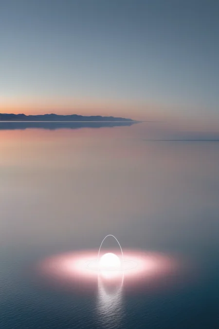 <lora:Photographer Reuben Wu Style:1>Photographer Reuben Wu Style - a light circular object is in the middle of a vast expanse of water with a sunset in the background
