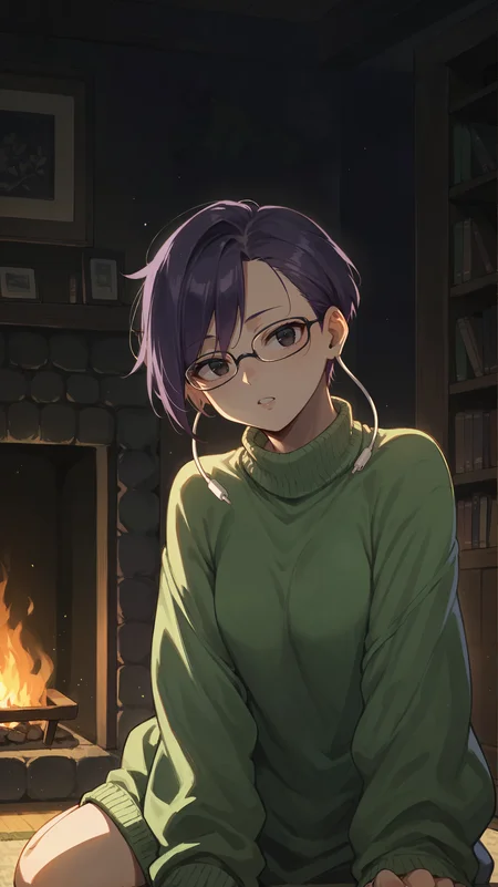score_9,score_8_up,score_7_up,score_6_up, <lora:xl_more_art-full_v1:0.5>, source_anime, woman, dynamic pose, head down, <lora:Mika Jiro - Pony:0.8>, short hair, dark purple hair, black eyes, earlobes, earphone plugs, glasses, oversized sweater, loose clothes, green sweater, dark room, dim lighting, fireplace,