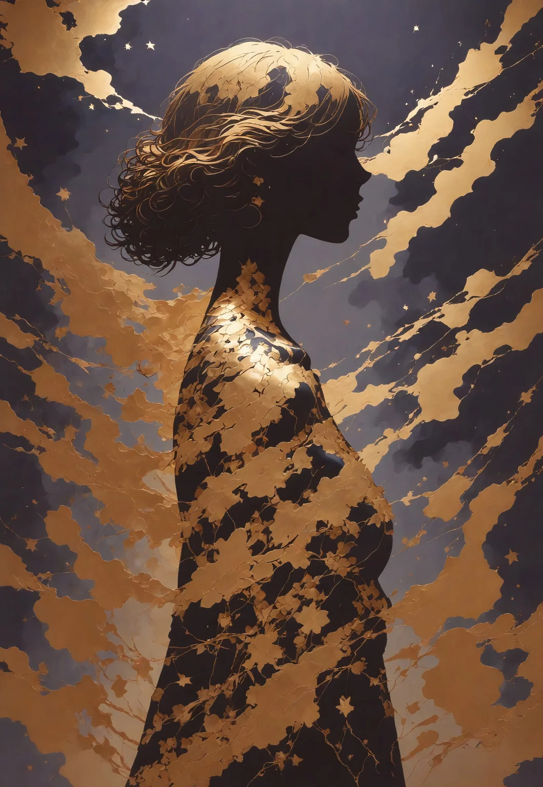 score_9,score_8_up, silhouette_with_gold_foil, intricately detailed upper body silhouette of a young woman, black background full of gold stars, woman's skin cracked in Kintsugi gold pattern
