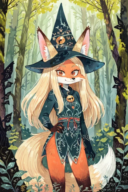 (anthro fox girl:1.4),(blonde hair:1.2),(solo:1.5),ameli
forest,witch outfit and hat,(cowboy shot:1.2), looking at viewer, smile
<lora:Perfect Hands:1> <lora:age_slider_v4:-2> <lora:Ameli:0.85>, score_9, score_8_up, score_7_up, score_6_up, score_5_up, score_4_up,zPDXL