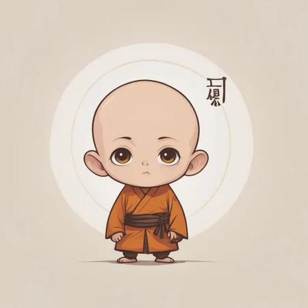  logo of a {boy in traditional Chinese costume, bald little monk, big eyes, light orange and brown, elegant, emotional face}