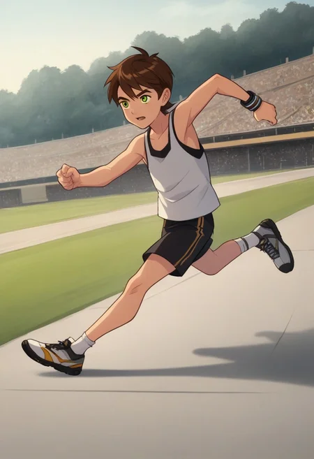 score_8, score_8_up, score_7_up, source_cartoon, official art BREAK 1boy, male focus, solo, full body, wall, floor, 1boy, bentennyson, brown hair, green eyes, white tanktop, upper body, running, athletics field, outdoors, from side, rating_safe
