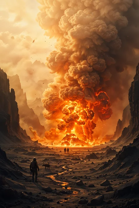 photograph, landscape of an in the depths of a barren wasteland, a massive explosion fills the ground. The air is thick with smoke and dust, as the lava pit trembles beneath it. A group of rebellious creatures, Rough sketch, Warm lighting, Cinestill, Nikon d3300, Selective focus, detailmaximizer, midjourneyv6.1