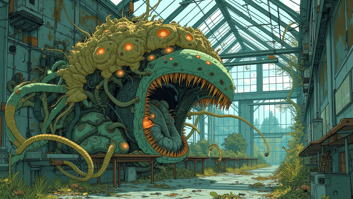 A monstrous, oversized plant with sharp, tooth-like thorns and vines that writhe like snakes, sits in a corner of a greenhouse. The plantâs flowers have mouths lined with razor-sharp teeth, and they snap at the air, hungry for flesh. The greenhouse is overgrown, with broken glass and decaying vegetation, and the air is thick with the stench of rot
<lora:Blue_Future:1>