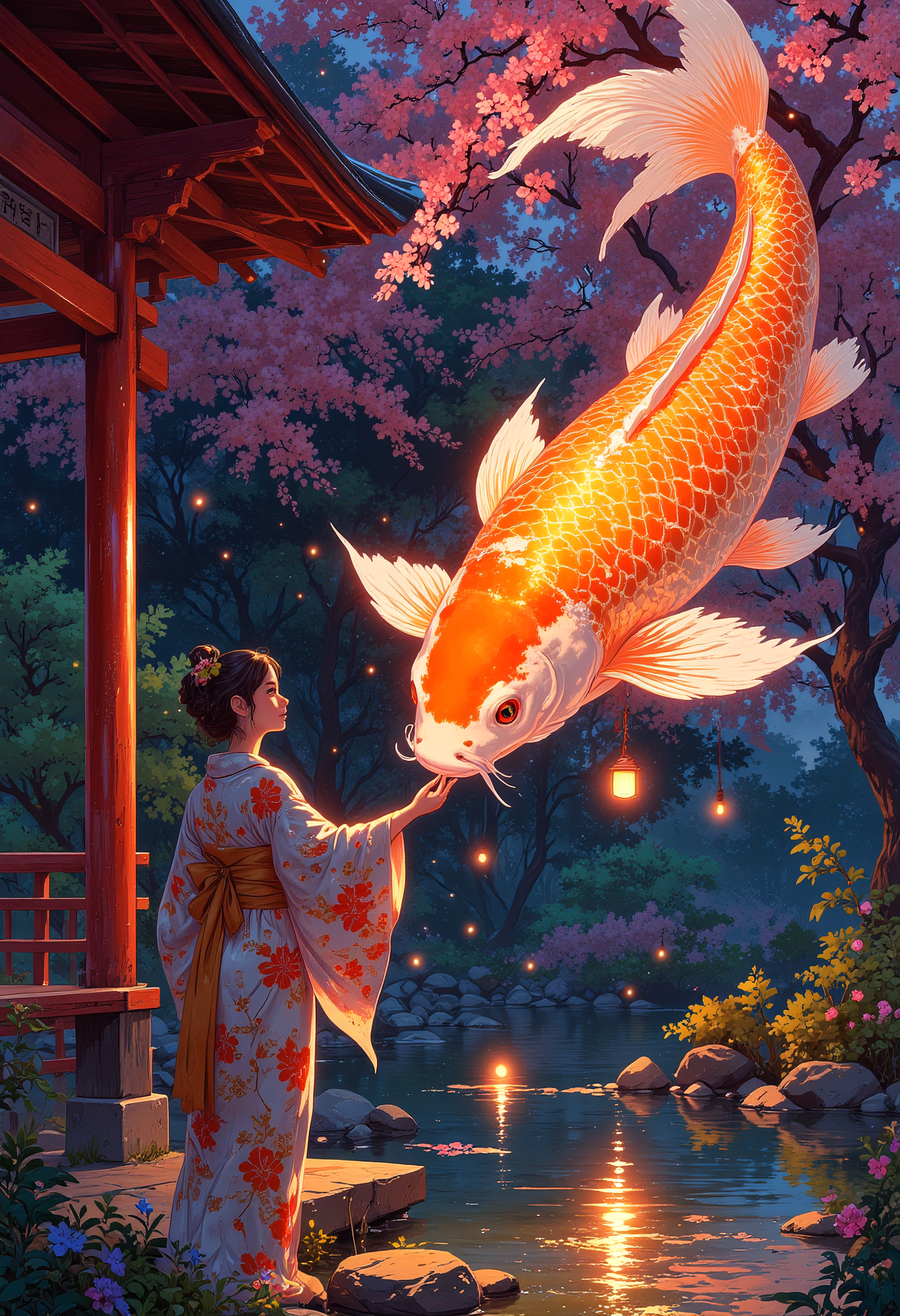 A serene twilight scene in a Japanese palace garden. A graceful Japanese princess in a flowing silk kimono embroidered with golden cherry blossoms stands beneath a red torii gate. A colossal koi fish with shimmering orange, white, and black scales hovers midair above a tranquil pond. Its long, flowing fins trail streams of glowing light as the princess gently places her hand on its head, her face illuminated by the soft golden glow radiating from the koi's scales. Pink cherry blossoms float through the air, and the koi's large golden eye gazes at the princess calmly. The soft hues of the setting sun reflect on the pond's surface, casting a dreamy light on the scene.