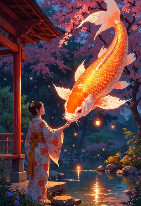 A serene twilight scene in a Japanese palace garden. A graceful Japanese princess in a flowing silk kimono embroidered with golden cherry blossoms stands beneath a red torii gate. A colossal koi fish with shimmering orange, white, and black scales hovers midair above a tranquil pond. Its long, flowing fins trail streams of glowing light as the princess gently places her hand on its head, her face illuminated by the soft golden glow radiating from the koi's scales. Pink cherry blossoms float through the air, and the koi's large golden eye gazes at the princess calmly. The soft hues of the setting sun reflect on the pond's surface, casting a dreamy light on the scene.
