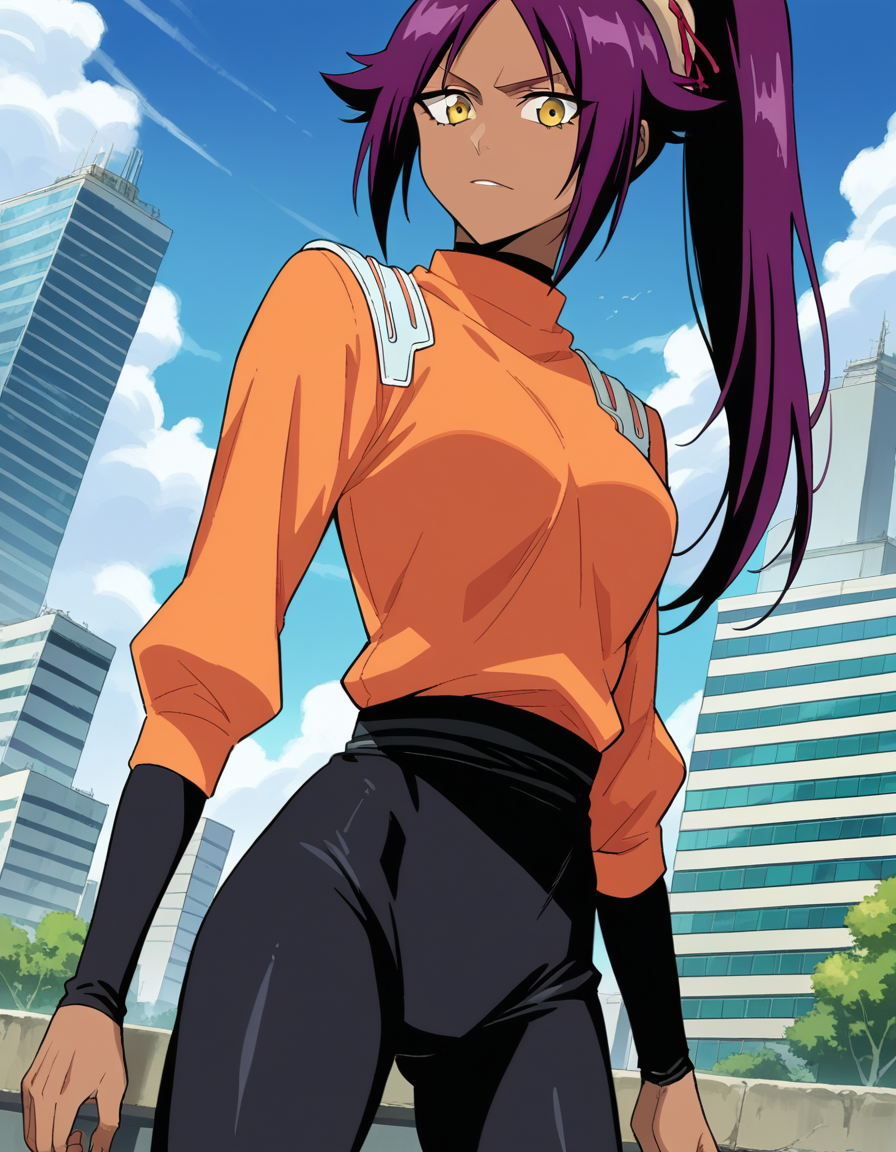 score_9, score_8_up, score_7_up, source_anime,
yoruichishihouin, <lora:yoruichi-shihouin-ponyxl-lora-nochekaiser:1>
yoruichi shihouin, long hair, yellow eyes, ponytail, purple hair, dark skin, dark-skinned female,
bodysuit, black bodysuit, bodysuit under clothes, orange shirt, long sleeves,
outdoors, cityscape,
looking at viewer, dutch angle, cowboy shot,
