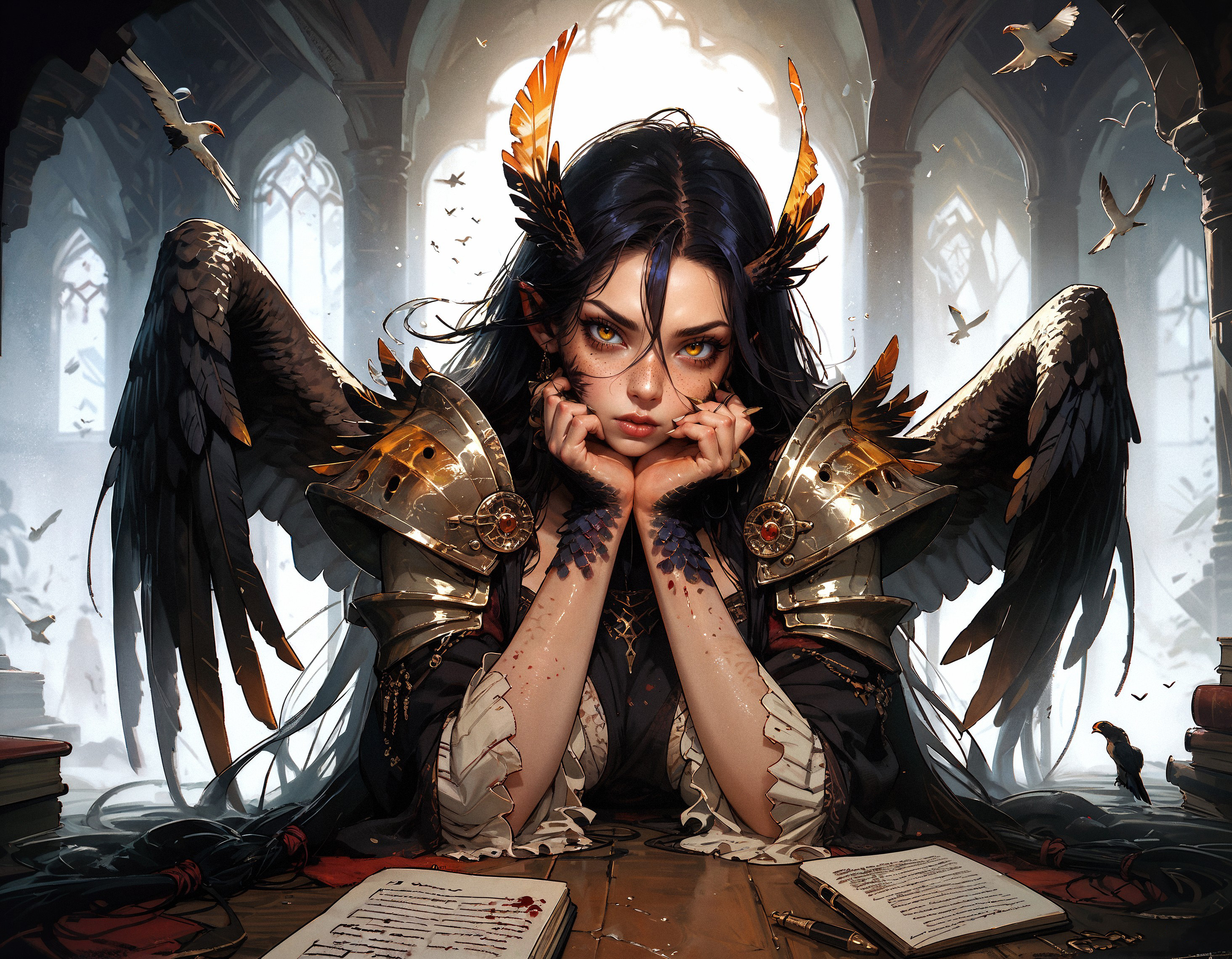 score_9, score_8_up, score_7_up, score_6_up, score_5_up, score_4_up,   solo, (full body:1.2), monster girl, bird girl, bird monster girl, black wings, feathered wings, yellow eyes, hair between eyes, long hair, very long hair, scales, feathers, freckles, wild, aggressive, armor, blood, beautiful, impressive, looking at viewer