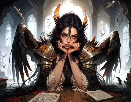 score_9, score_8_up, score_7_up, score_6_up, score_5_up, score_4_up,   solo, (full body:1.2), monster girl, bird girl, bird monster girl, black wings, feathered wings, yellow eyes, hair between eyes, long hair, very long hair, scales, feathers, freckles, wild, aggressive, armor, blood, beautiful, impressive, looking at viewer