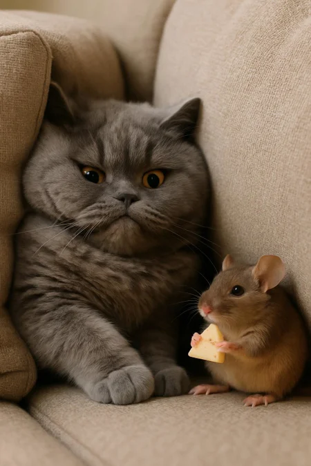 Generate me a cute fluffy grey cat getting smushed at awkward angle between some  couch cushions. Next to them is a cute brown mouse looking at the cat while eating a piece of cheese, cute, fluffy, realistic, 8k, uhd, high quality, depth of field,