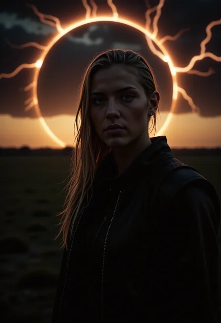 vikingpunk style, beautiful female viking, during a solar eclipse casting an eerie light, ethereal energy and electrical storm in the sky in background. detailmaximizer, perfection style, <lora:artist/wlop:1.0>, style of wlop, <lora:Magic of Art 2 (FLUX):1.0>, Cinematic style, Beauty, Realism, Photorealism, Chiaroscuro, High quality, <lora:flux/aeshteticv2:1.0>, aesthetic_pose, dynamic_pose, <lora:flux/flux_realism_lora:1.0>,