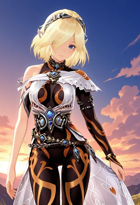 masterpiece, best quality, good quality, 1girl, solo, xenoblade, cowboy shot, white dress, bodysuit, armlet, bangle, belt, hairband, medium hair, face marks, celica<lora:celica illustrious 016:1>