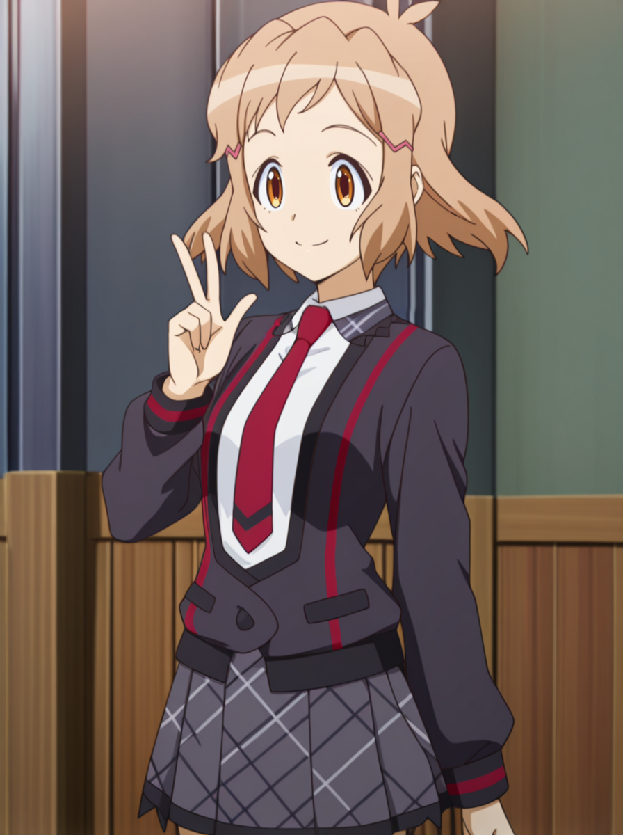 masterpiece, best quality, amazing quality, very aesthetic, absurdres, newest, anime screenshot anime coloring,<lora:TachibanaHibikiSeason1:1>short hair, 1girl, brown hair, solo, season1hibiki, hairclip, lydianschooluniform, necktie pleated skirt,  smile v_sign