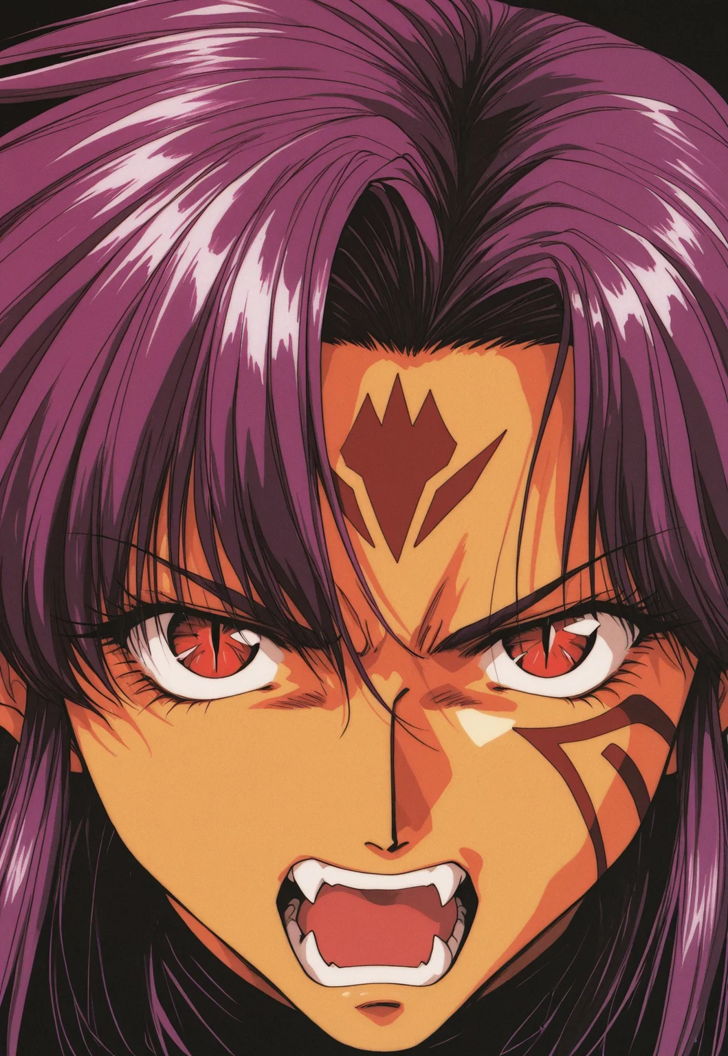 MinekuraStyle, official art, cover, 1990s style, retro artstyle, film grain, BREAK
1girl, close up, angry, red eyes, slit pupils, pointy ears, open mouth, fangs, purple hair, facial tattoo,