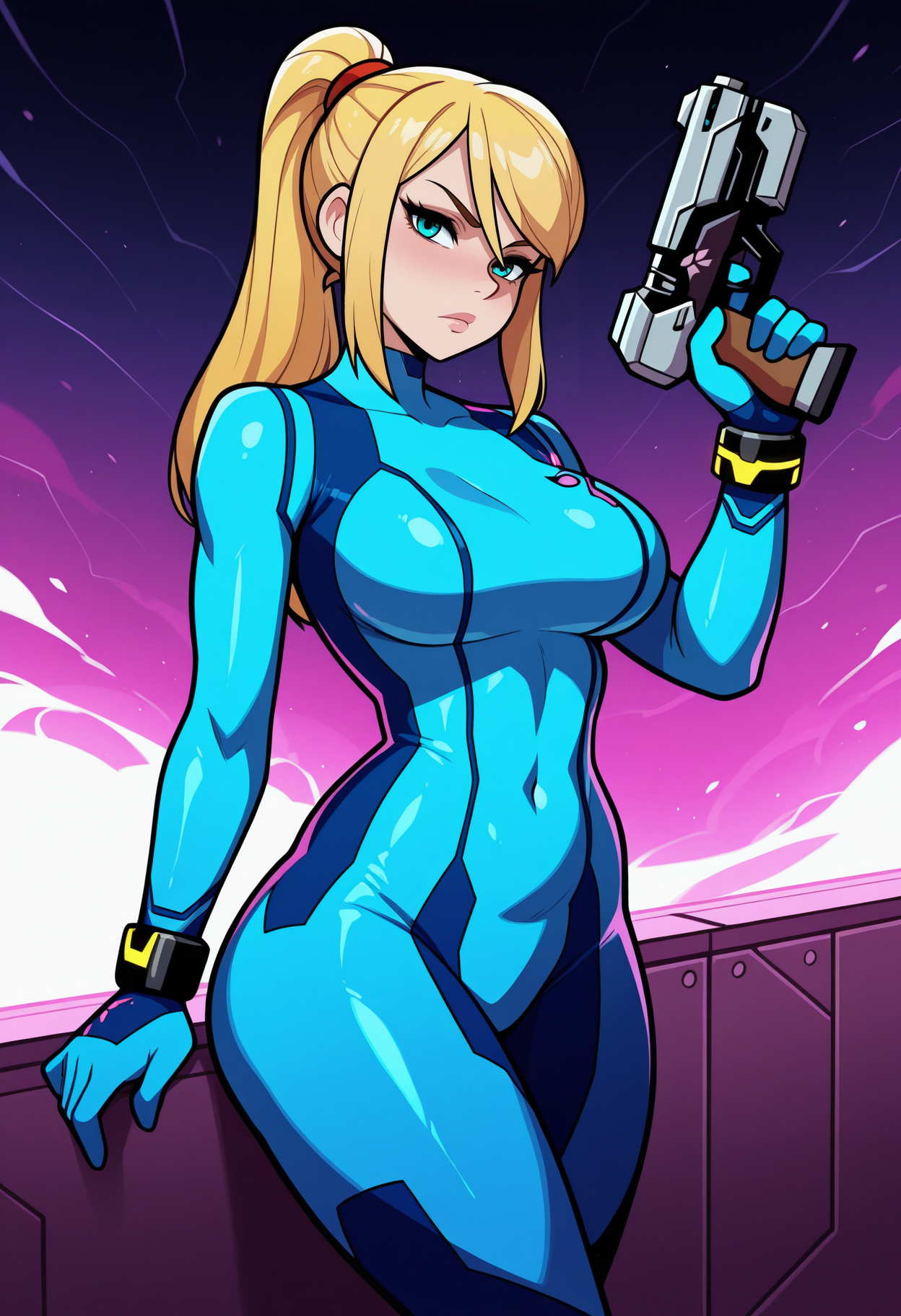 masterpiece, best quality, amazing quality, necrodancerStyle  <lora:necrodancerStyle_illustrious_byJaneB:1>,1girl, solo,
samus aran, zero suit, holding gun, cowboy shot,