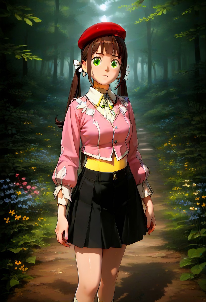 score_9, score_8_up, score_7_up, score_6_up, (ultra detailed, 8k, photorealism),1girl, lilia, beret, brown hair, twintails, green eyes, pink crop top, black skirt, big breast, lost in the forest, thick dense foliage, trees, flowers, unknown path, dark, shiny glow insects, painted in style Narrdack