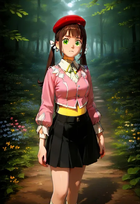 score_9, score_8_up, score_7_up, score_6_up, (ultra detailed, 8k, photorealism),1girl, lilia, beret, brown hair, twintails, green eyes, pink crop top, black skirt, big breast, lost in the forest, thick dense foliage, trees, flowers, unknown path, dark, shiny glow insects, painted in style Narrdack