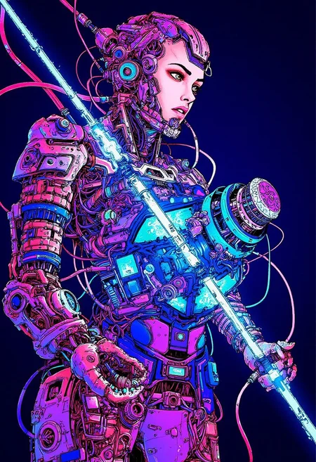 a uv blacklight anime image featuring an alien female wearing cyb3rwar3, battling a cybergore cyberpunk monster in the style of cybermono_style. The image is vibrant and intense