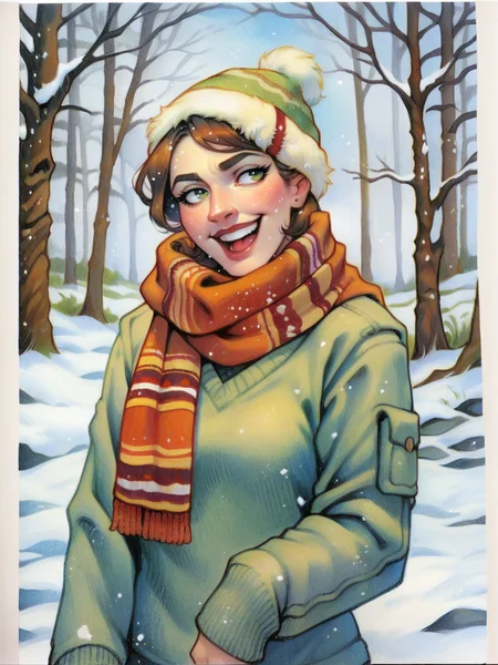 score_9, score_8_up, score_7_up, score_6_up, score_5_up, <lora:TeresenielsenXLP:0.8> terese nielsen, traditional media, 1girl, sweater, snow, scarf, happy