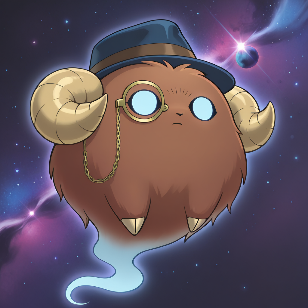 masterpiece,best quality,amazing quality, absurdes, highres,<lora:Scapeghost-000009:1>  Scapeghost,  ((solo)), no humans, space background, stars, planets, sk,  (creature), blank eyes, simple background, sheep horns, (((brown creature))),  fluffy, ghost, ghost tail,
expressionless, neutral expression, drinking milkshake, ((fedora, monocle, monocle chain, only two limbs)),
<lora:Capsule_Monsters_Illustrious_X1_SD8:0.8> (yu-gi-oh, yu-gi-oh art style, Takahiro Kagami style), <lora:ShadyFox_Style_Illustrious:0.6>