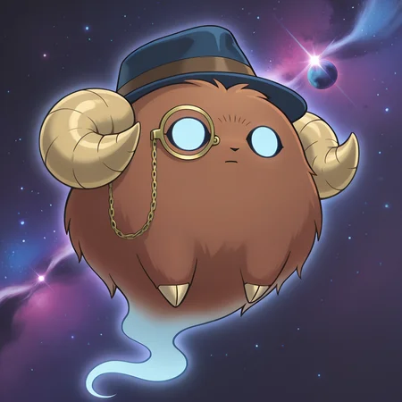 masterpiece,best quality,amazing quality, absurdes, highres,<lora:Scapeghost-000009:1>  Scapeghost,  ((solo)), no humans, space background, stars, planets, sk,  (creature), blank eyes, simple background, sheep horns, (((brown creature))),  fluffy, ghost, ghost tail,
expressionless, neutral expression, drinking milkshake, ((fedora, monocle, monocle chain, only two limbs)),
<lora:Capsule_Monsters_Illustrious_X1_SD8:0.8> (yu-gi-oh, yu-gi-oh art style, Takahiro Kagami style), <lora:ShadyFox_Style_Illustrious:0.6>