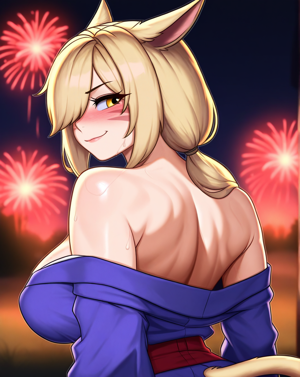 masterpiece, best quality, very aesthetic,gloss,uncensored
BREAK
1girl, miqo'te, cat tail, cat ears, low ponytail, long hair, hair over one eye, yellow eyes, large breasts, blonde hair, looking back, from behind, off-shoulder kimono, smirk, blush, bare shoulders, rimlight, night, japanese clothes, fireworks, depth of field, sweat, arms at sides
<lora:twistedscarlett-ill-fandingo:1>