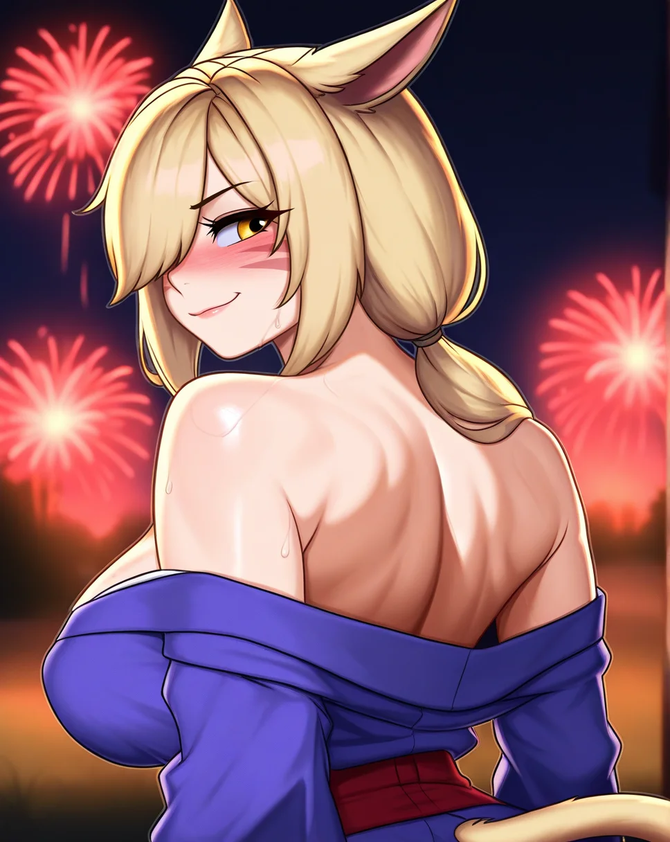 masterpiece, best quality, very aesthetic,gloss,uncensored
BREAK
1girl, miqo'te, cat tail, cat ears, low ponytail, long hair, hair over one eye, yellow eyes, large breasts, blonde hair, looking back, from behind, off-shoulder kimono, smirk, blush, bare shoulders, rimlight, night, japanese clothes, fireworks, depth of field, sweat, arms at sides
<lora:twistedscarlett-ill-fandingo:1>