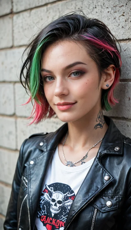 score_9, score_8_up, score_7_up, Raw Photo, Portrait, girl, punk, cute, seductive, innocent, light smile:0.3, plump lips, slender body, very short hair, multicolored hair, in high detailed textured black leather jacket, piercing, small tattoo, most iconic photo, London night background, depth of field, dynamic angle, photo realistic:1.4, realistic skin:1.4, fashion photography, sharp, analog film grain, hyperdetailed:1.15