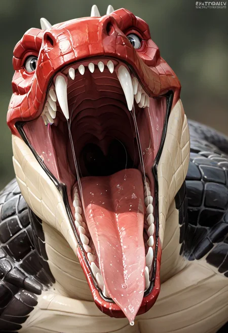 crocodile, (black body:1), white stomach, white chest, (red head:1), red head, red muzzle, white jaw, white sole, humanoid feet, realistic, scales, detailed teeth, saliva, close view, open mouth, mouth focus, wet tongue, solo, realistic puck, glottis, gray eyes, moving tongue, white spikes on head, front view, white bottom lip