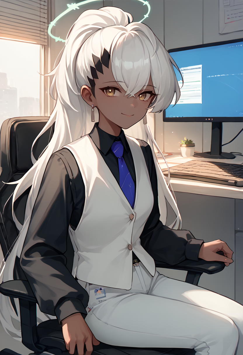 score_9, score_8_up, score_7_up, source_anime, solo, 1girl, bahaine, dark skin, smile, looking at viewer, sitting, swivel chair, ponytail, halo, white vest, black shirt, collared shirt, blue necktie, long sleeves, white pants, earrings, indoors, office <lora:ba_haine_ponyXL-000017:1>