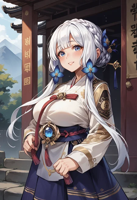 score_9, score_8_up, score_7_up,  mlillusreh, blue eyes, blush, crown braid, hair ornament, hair ribbon, hanbok, korean clothes, (large breasts:1.8), long hair, long sleeves, mole under eye, smile, white hair, blue skirt, gold trim, hair flower,   <lora:illustrious-hanbok-pdxl-v2:1>